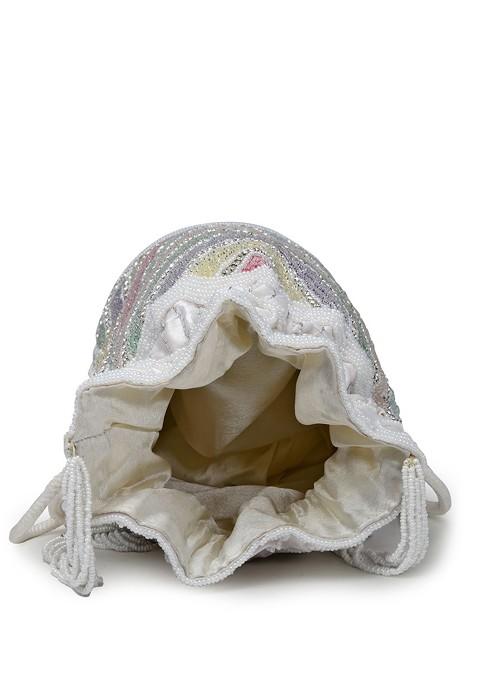 Dangle White And Pastel Multi Chevron Embellished Faux Silk Potli