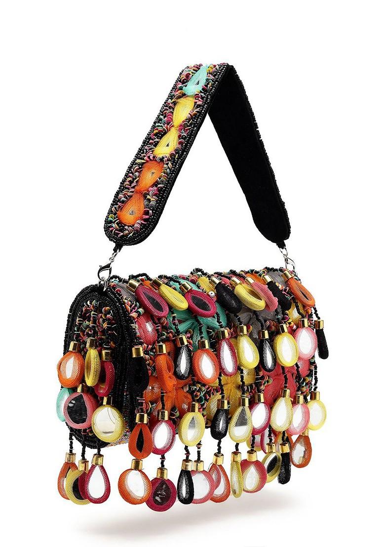 Tipify Black And Multi Mirror Work Embellished Velvet Clutch