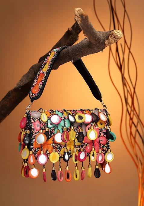 Tipify Black And Multi Mirror Work Embellished Velvet Clutch