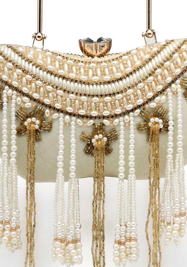 White And Gold Toned Floral Embellished Velvet Box Clutch