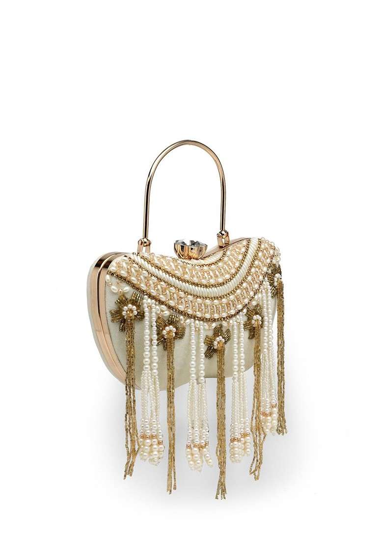 White And Gold Toned Floral Embellished Velvet Box Clutch - Indya