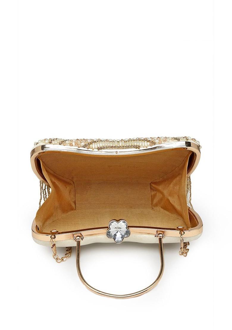 White And Gold Toned Floral Embellished Velvet Box Clutch