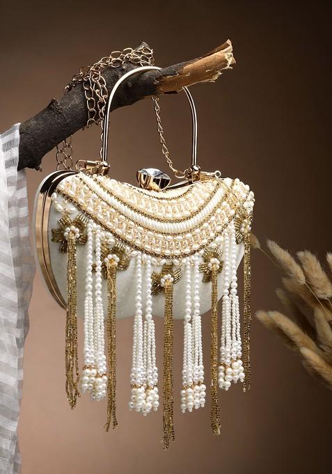 White And Gold Toned Floral Embellished Velvet Box Clutch