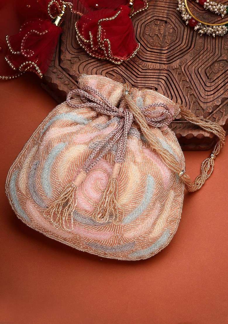 Dangle Coral Blossom And Pastel Multi Rose Embellished Faux Silk Potli - Indya