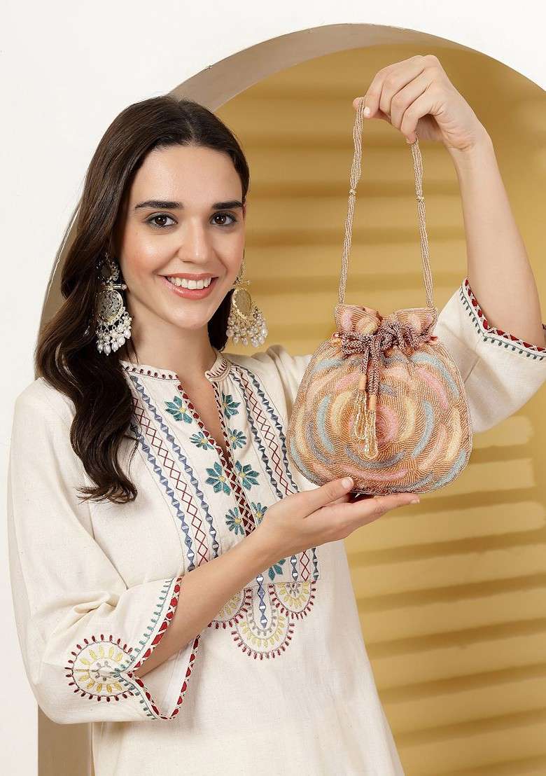 Dangle Coral Blossom And Pastel Multi Rose Embellished Faux Silk Potli - Indya