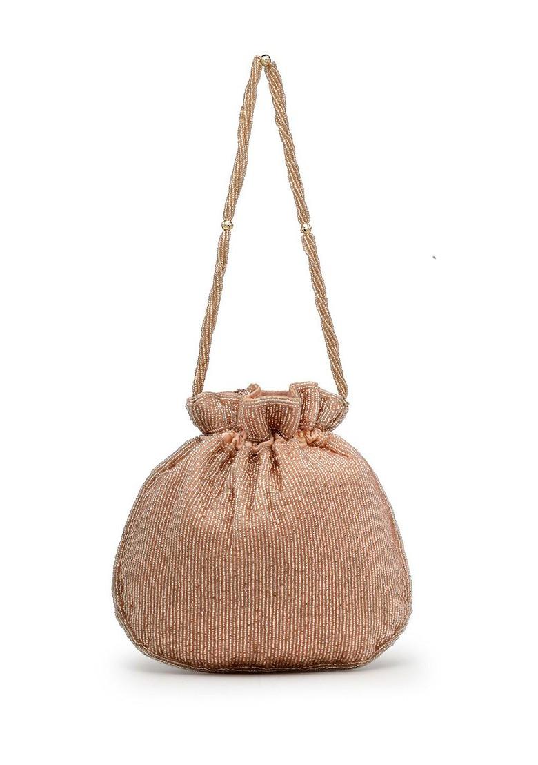 Dangle Coral Blossom And Pastel Multi Rose Embellished Faux Silk Potli