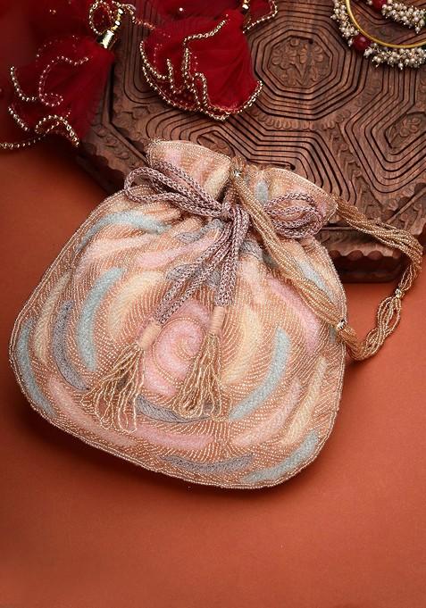 Dangle Coral Blossom And Pastel Multi Rose Embellished Faux Silk Potli