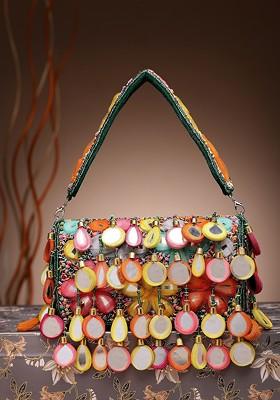 Tipify Emerald Green And Multi Mirror Work Embellished Velvet Clutch