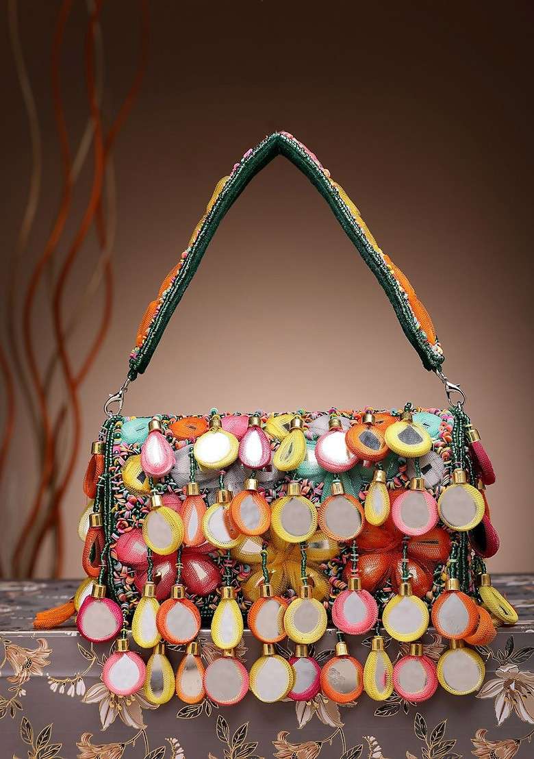 Tipify Emerald Green And Multi Mirror Work Embellished Velvet Clutch - Indya