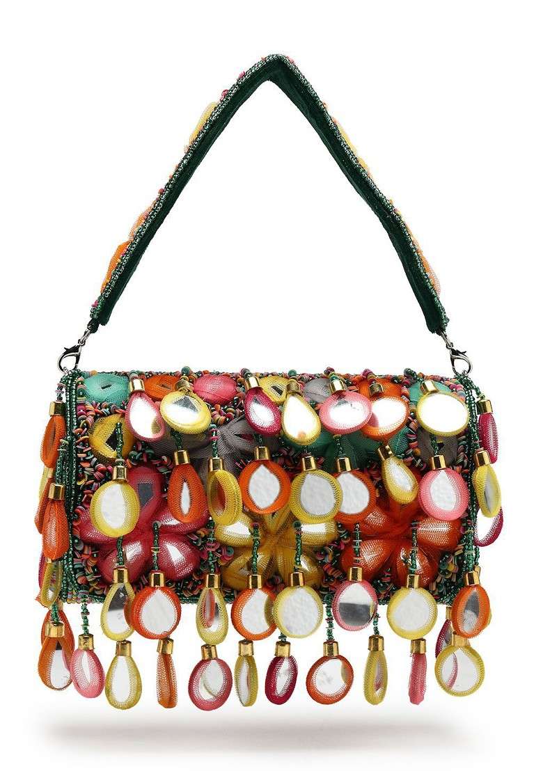 Tipify Emerald Green And Multi Mirror Work Embellished Velvet Clutch - Indya
