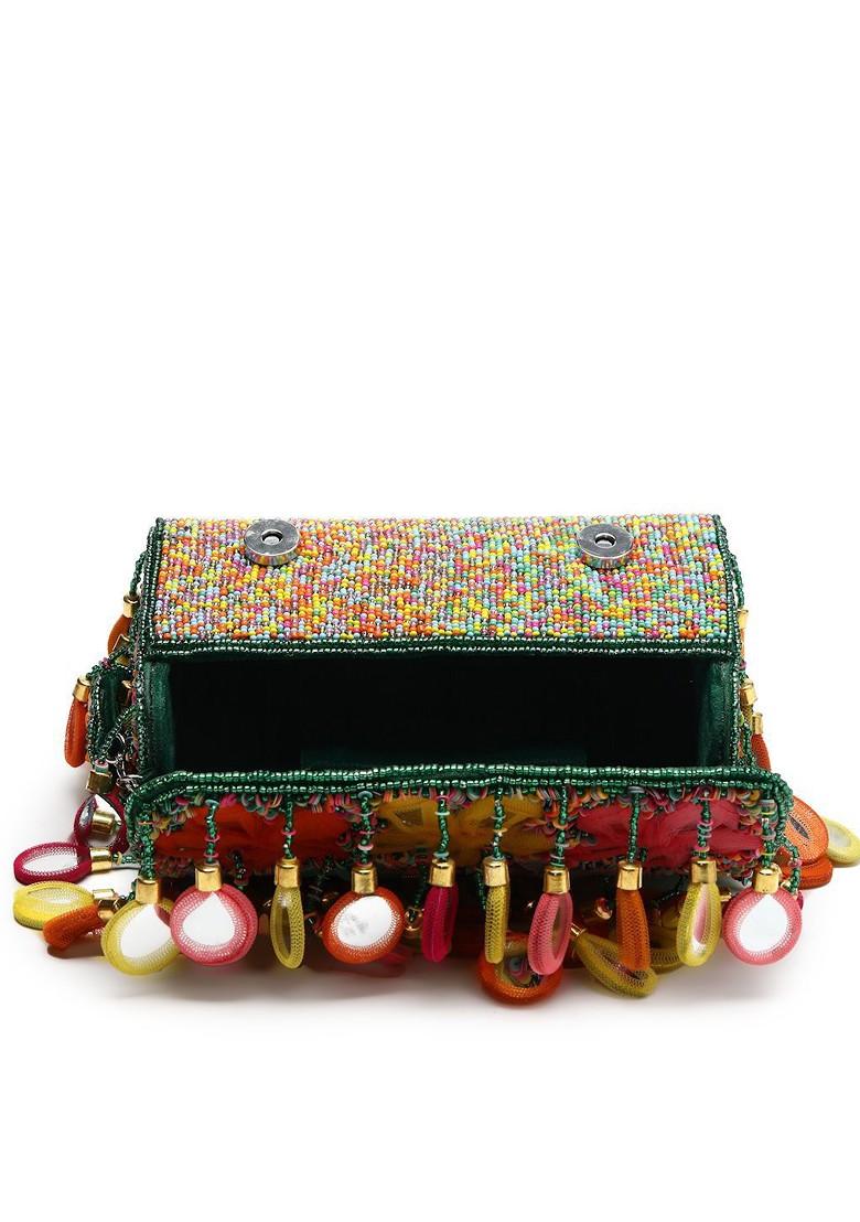 Tipify Emerald Green And Multi Mirror Work Embellished Velvet Clutch