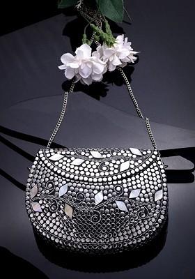 Mosaic Silver And Pearl Mosaic Embellished Metal Clutch