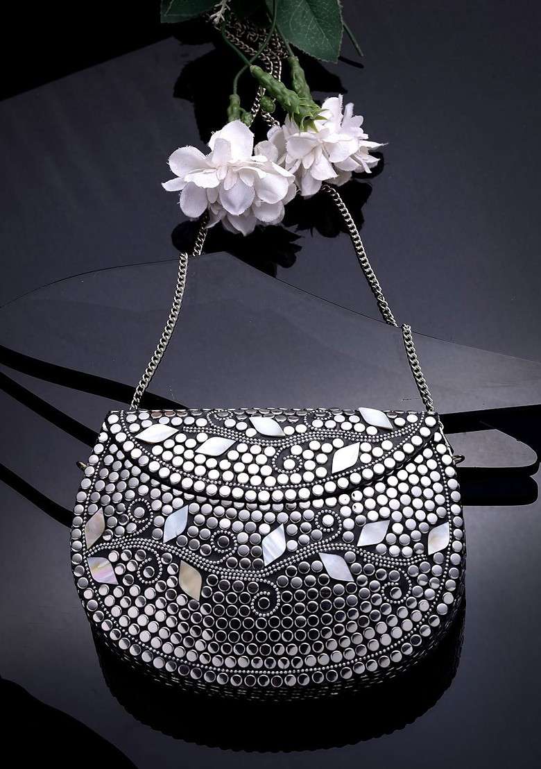 Mosaic Silver And Pearl Mosaic Embellished Metal Clutch - Indya