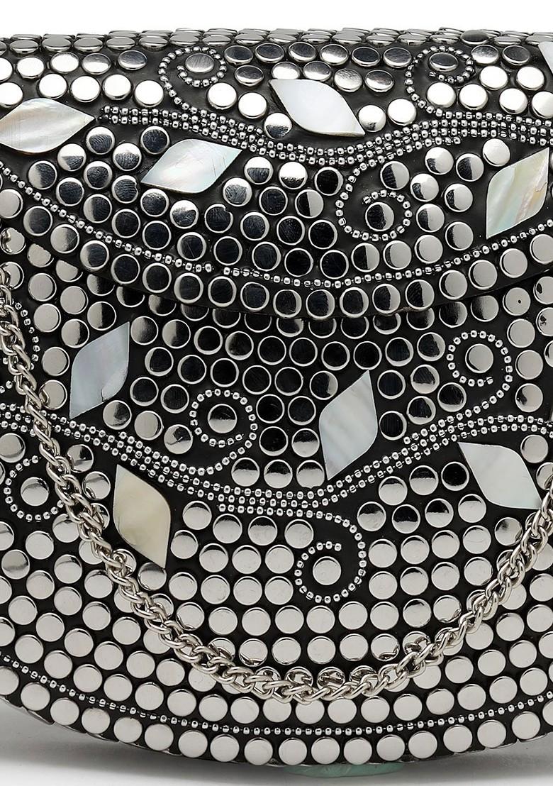 Mosaic Silver And Pearl Mosaic Embellished Metal Clutch