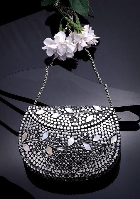 Mosaic Silver And Pearl Mosaic Embellished Metal Clutch