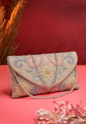 Silver And Pastel Multi Floral Embellished Faux Silk Clutch