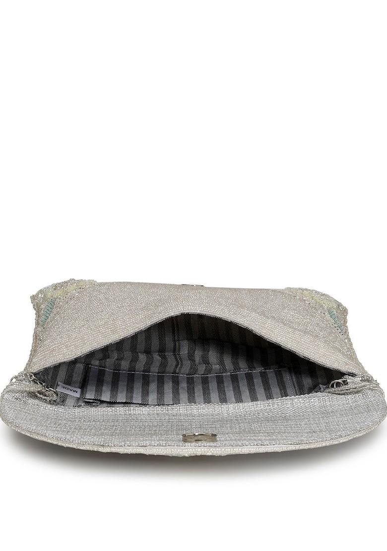 Silver And Pastel Multi Floral Embellished Faux Silk Clutch