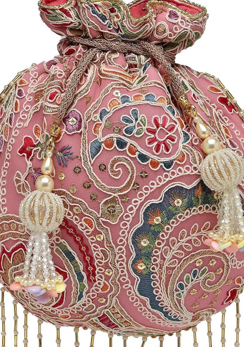 Droop Lavender And Multi Paisely Embroidered Georgette Potli - Indya