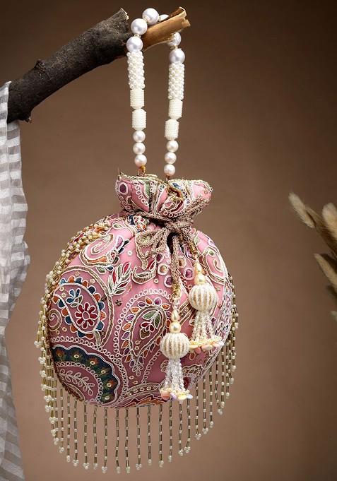 Droop Lavender And Multi Paisely Embroidered Georgette Potli