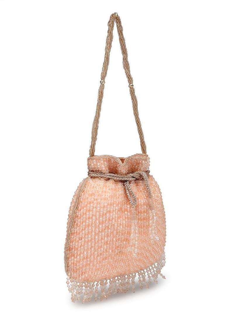 Dangle Coral And Gold Striped Embellished Faux Silk Potli