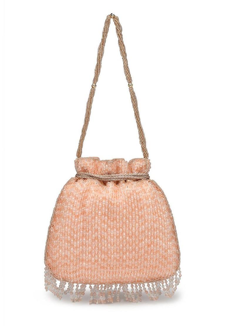 Dangle Coral And Gold Striped Embellished Faux Silk Potli