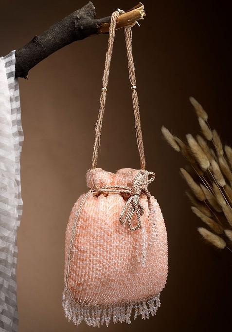 Dangle Coral And Gold Striped Embellished Faux Silk Potli