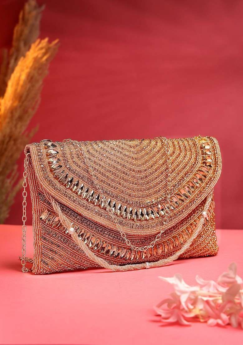 Coral And Gold Stone Work Embellished Faux Silk Clutch - Indya