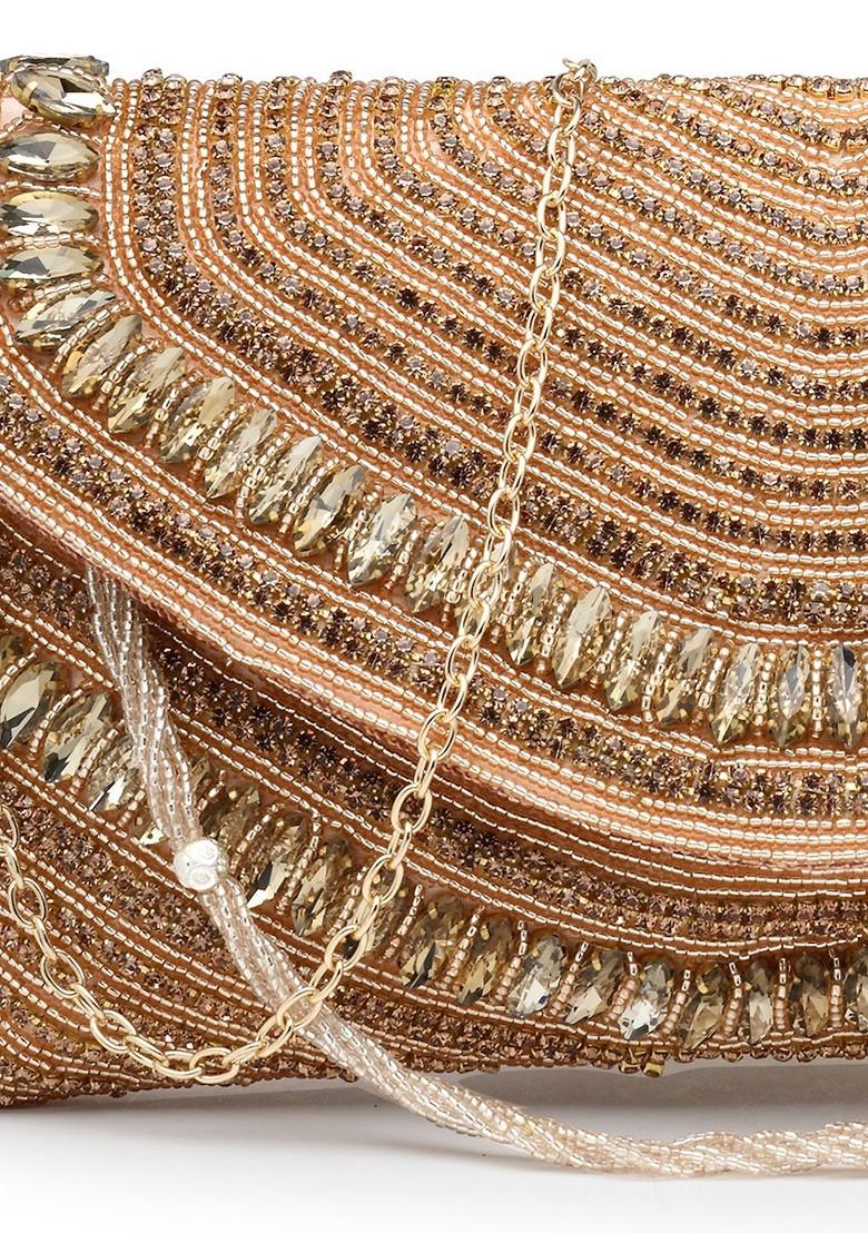 Coral And Gold Stone Work Embellished Faux Silk Clutch