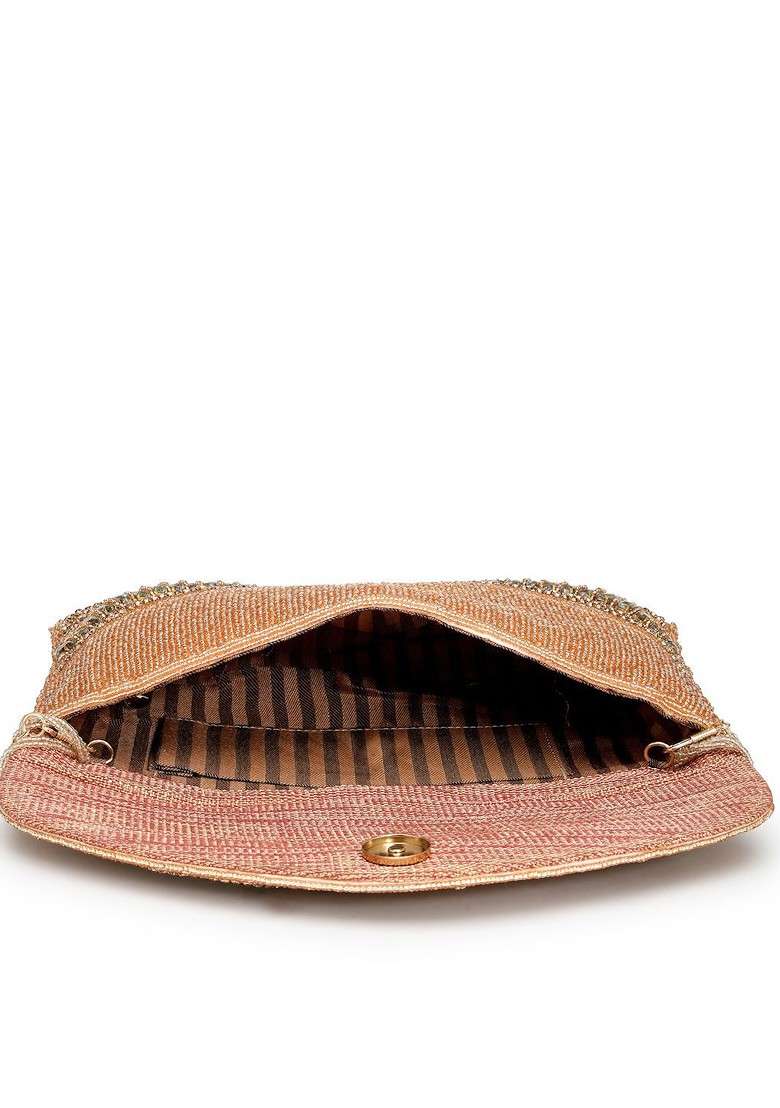 Coral And Gold Stone Work Embellished Faux Silk Clutch - Indya