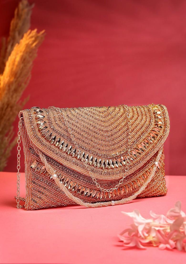 Coral And Gold Stone Work Embellished Faux Silk Clutch