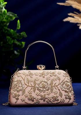 Salmon Pink And Gold Floral Dabka Embellished Faux Silk Clutch