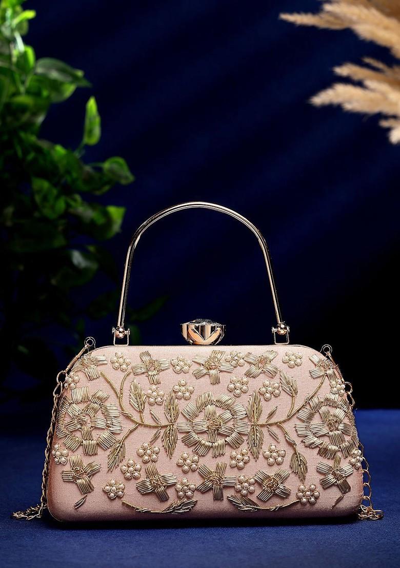 Salmon Pink And Gold Floral Dabka Embellished Faux Silk Clutch