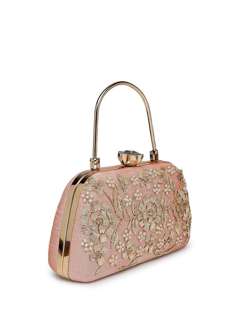 Salmon Pink And Gold Floral Dabka Embellished Faux Silk Clutch - Indya