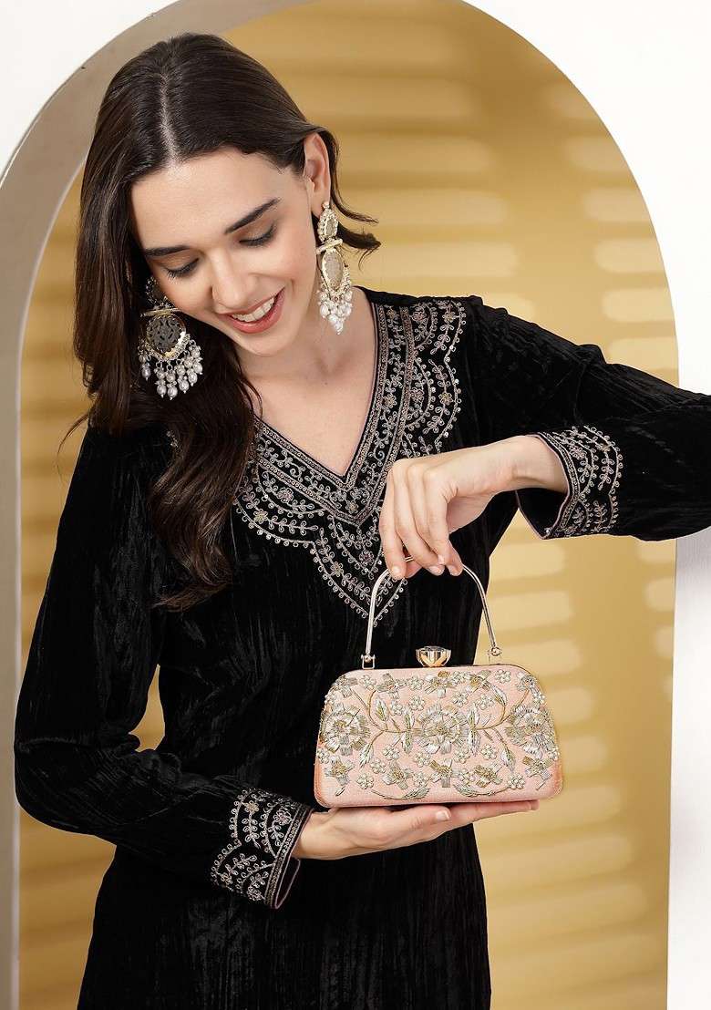 Salmon Pink And Gold Floral Dabka Embellished Faux Silk Clutch - Indya
