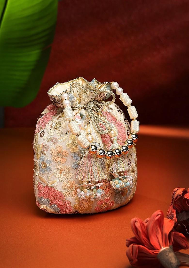 Dangle Off White And Pastel Multi Floral Embellished Georgette Potli