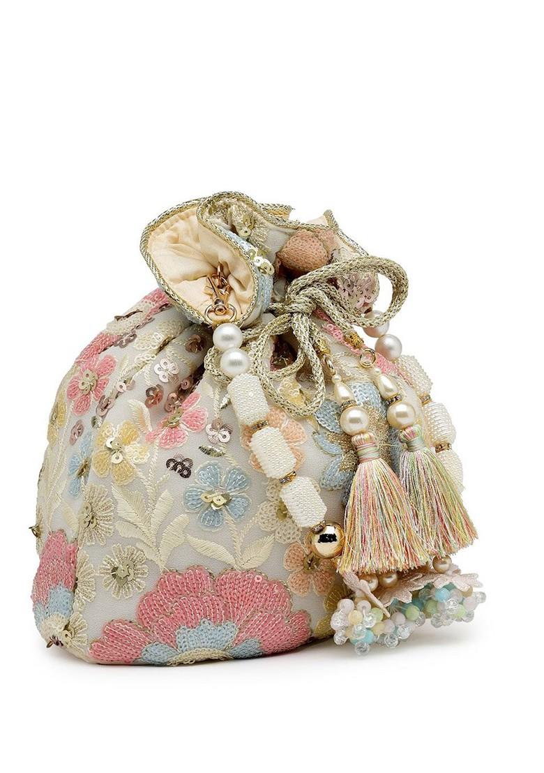 Dangle Off White And Pastel Multi Floral Embellished Georgette Potli