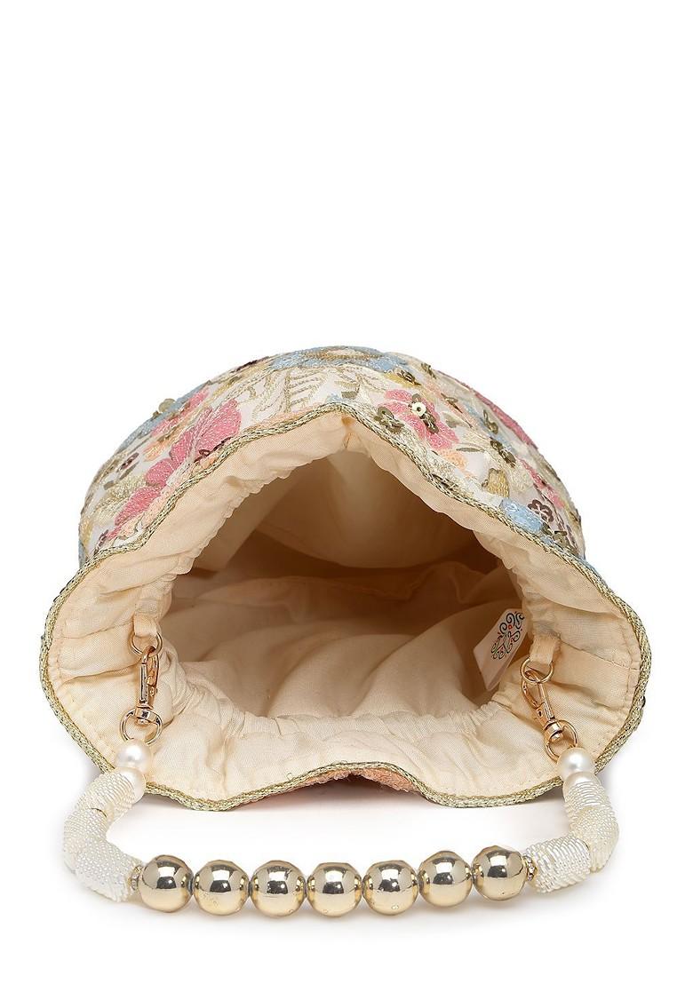 Dangle Off White And Pastel Multi Floral Embellished Georgette Potli