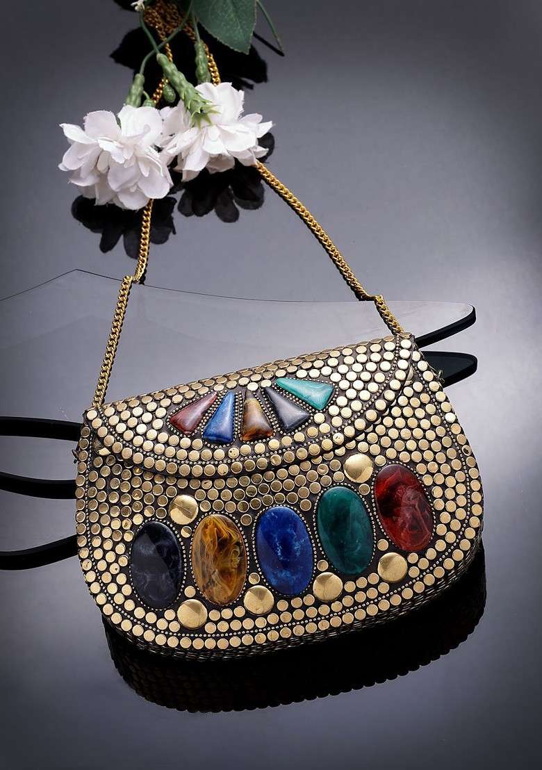 Mosaic Gold And Multi Mosaic Embellished Metal Clutch - Indya