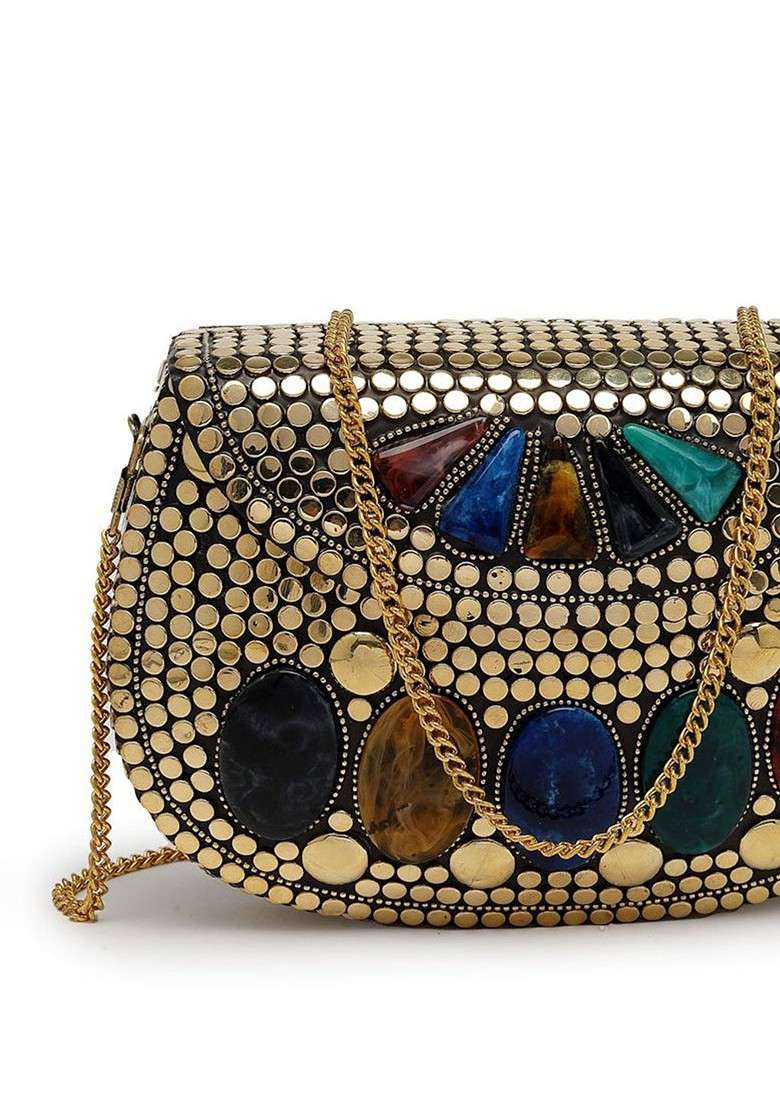 Mosaic Gold And Multi Mosaic Embellished Metal Clutch - Indya
