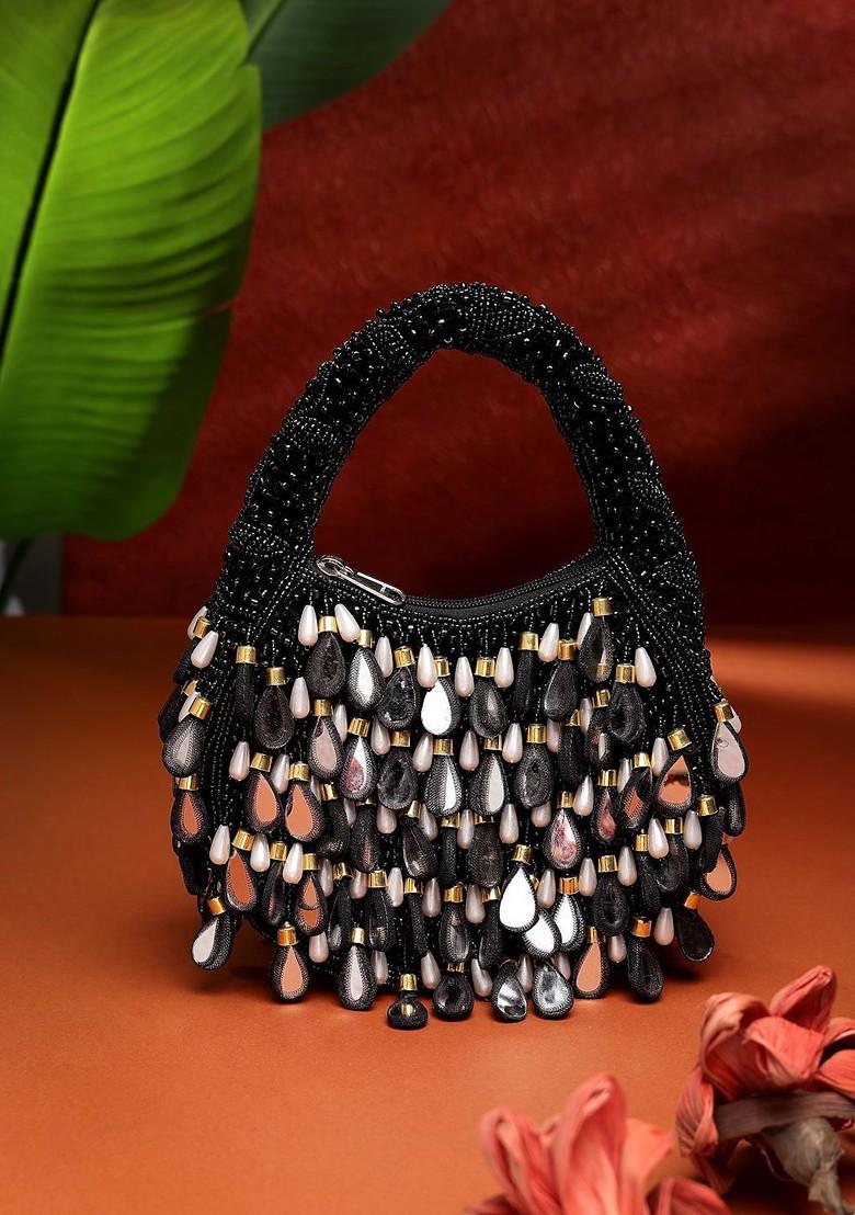 Tipify Black; Gold And Pearl Mirror Work Embellished Velvet Purse