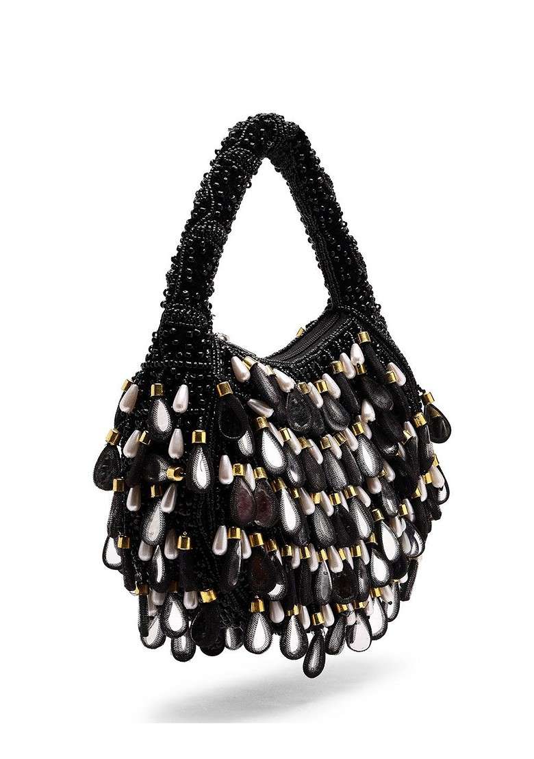 Tipify Black; Gold And Pearl Mirror Work Embellished Velvet Purse - Indya