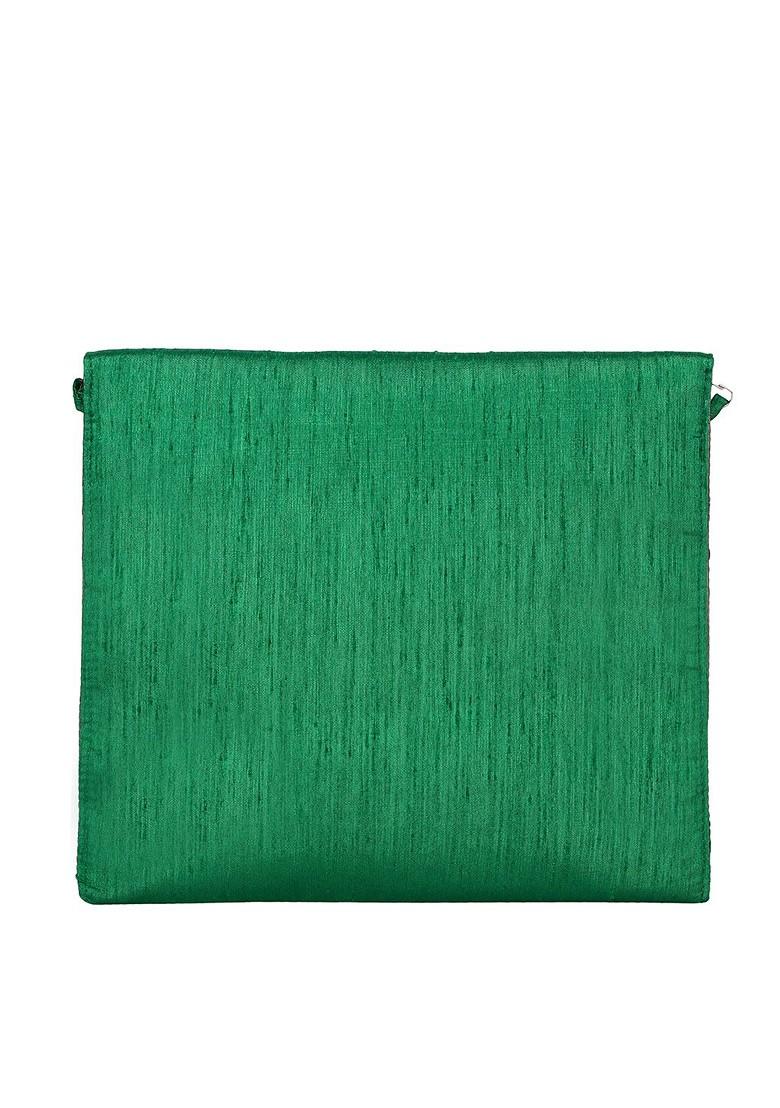Green Embroidered Clutch With Sling Strap