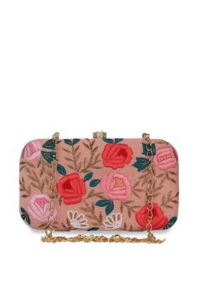 Peach Coloured And Red Embroidered Embroidered Clutch