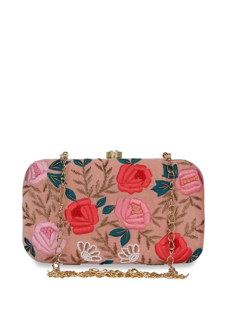 Peach Coloured And Red Embroidered Embroidered Clutch
