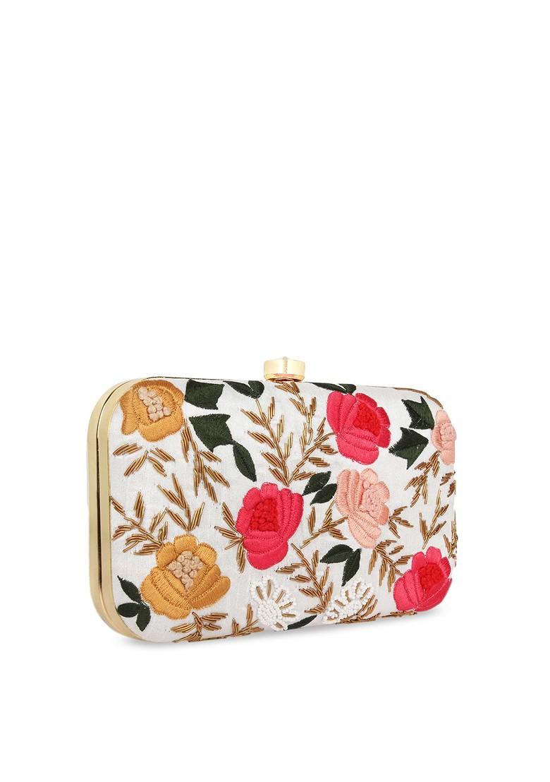 White And Pink Embroidered Box Clutch