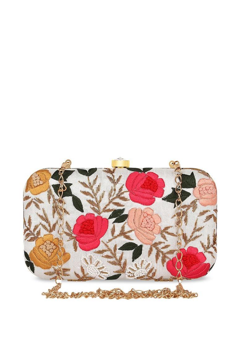 White And Pink Embroidered Box Clutch