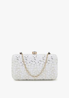 White And Gold Toned Embroidered Sequinned Box Clutch