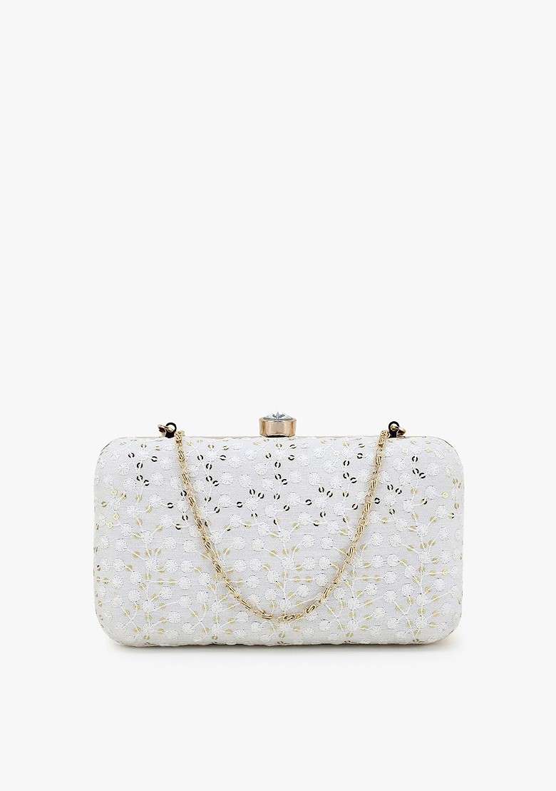White And Gold Toned Embroidered Sequinned Box Clutch - Indya
