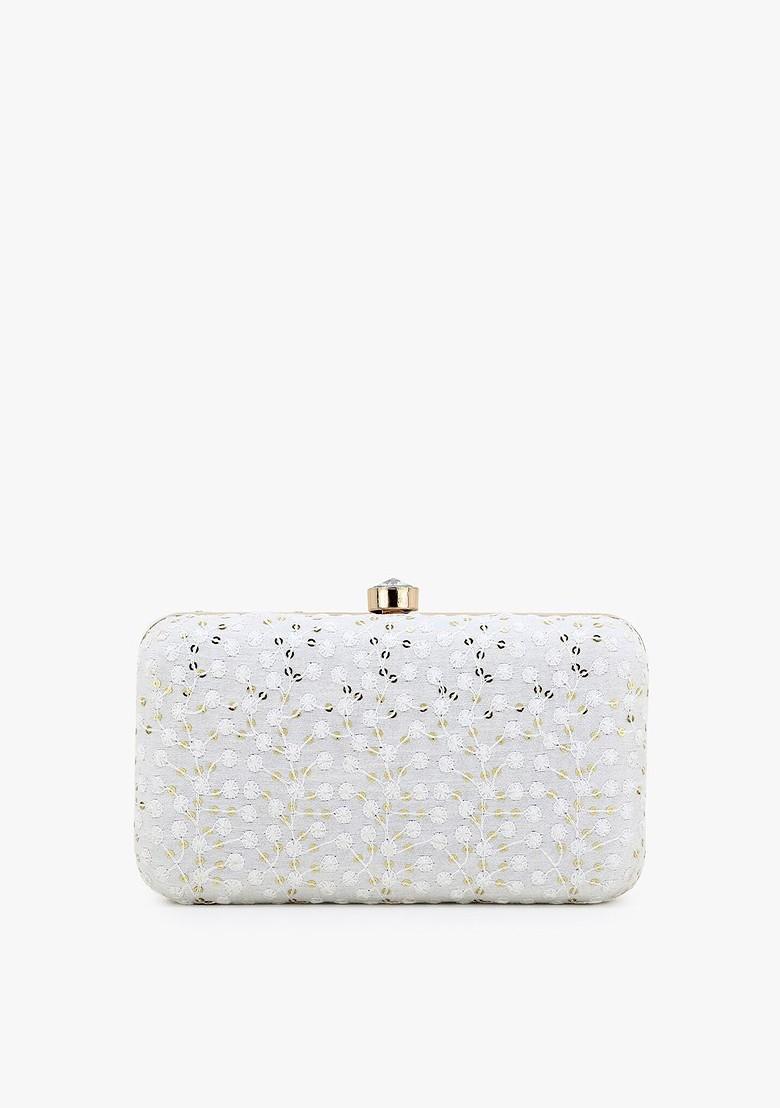 White And Gold Toned Embroidered Sequinned Box Clutch