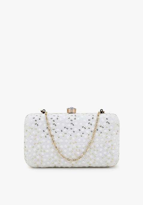 White And Gold Toned Embroidered Sequinned Box Clutch